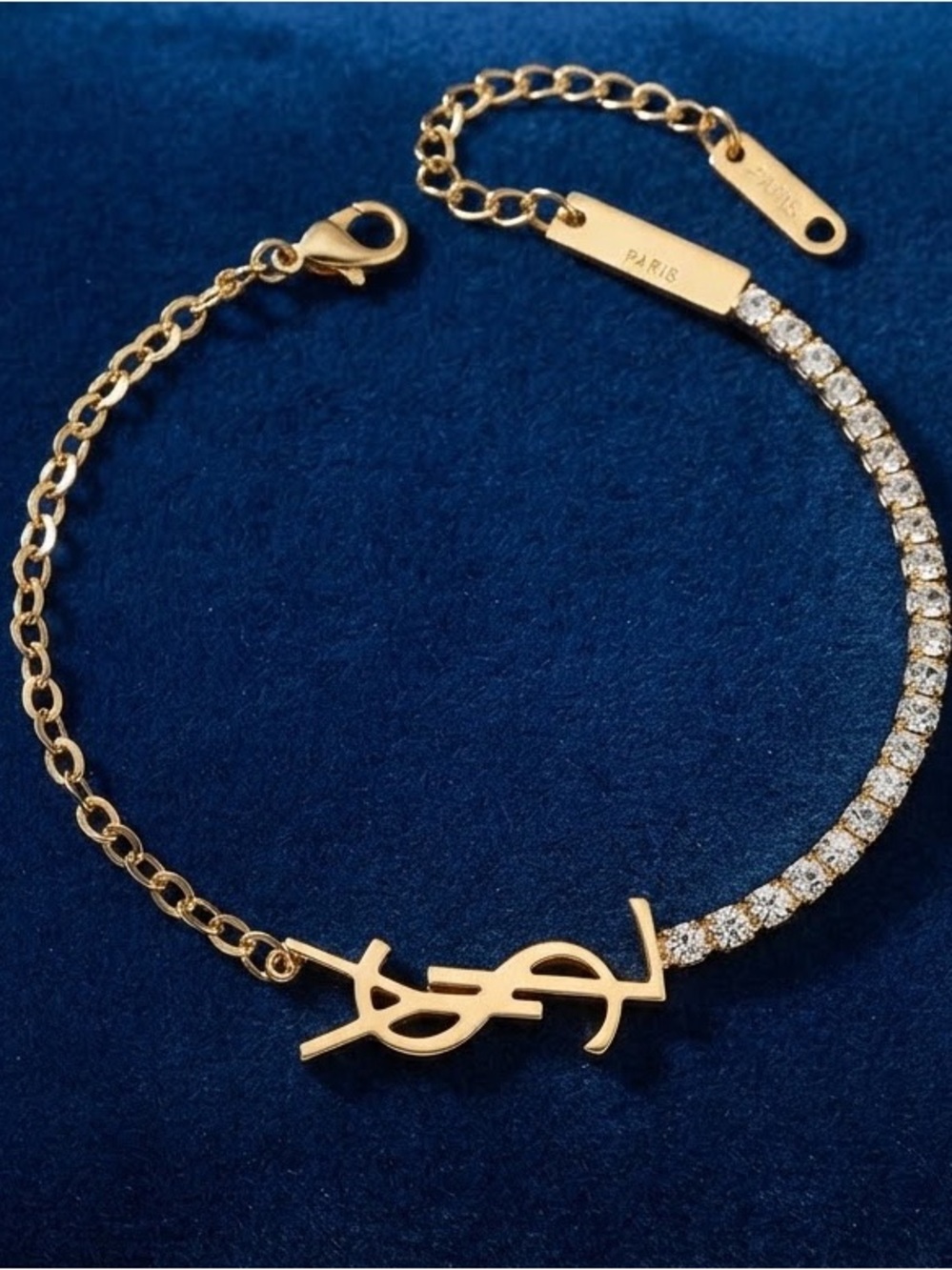 Gold-Tone Lettered Bracelet with Clear Crystals Accents